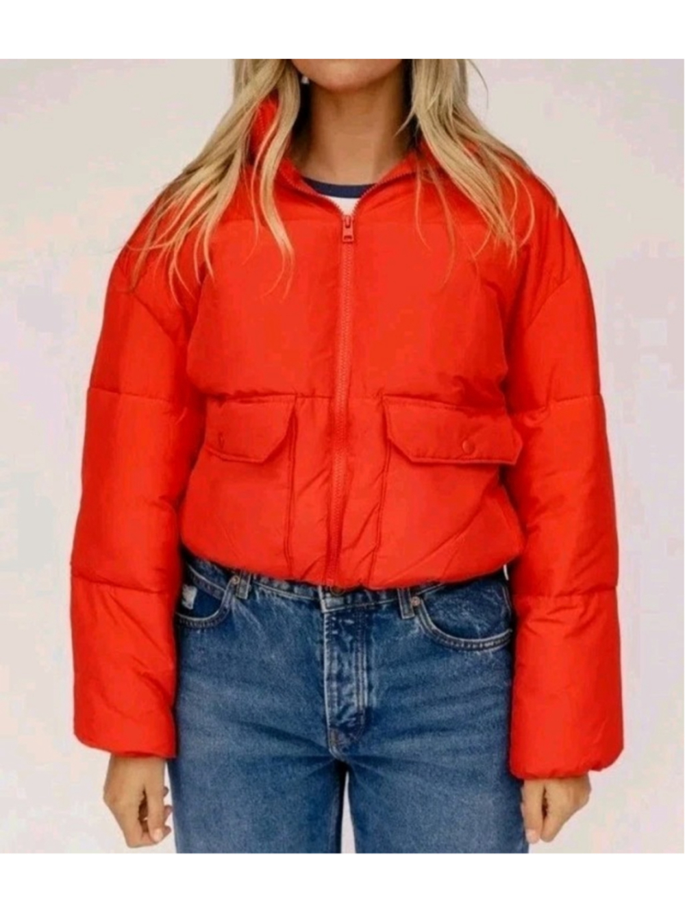 Love Tree Womens Puffer Jacket Sz L Red Cropped Zip Front NWT Winter Coat Staple